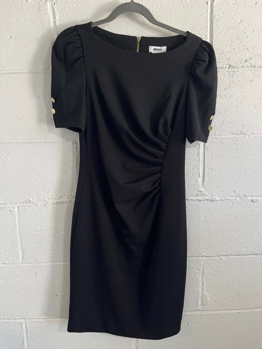 DKNY Puff Sleeve Ruched Sheath Dress with Gold Buttons-Size 4